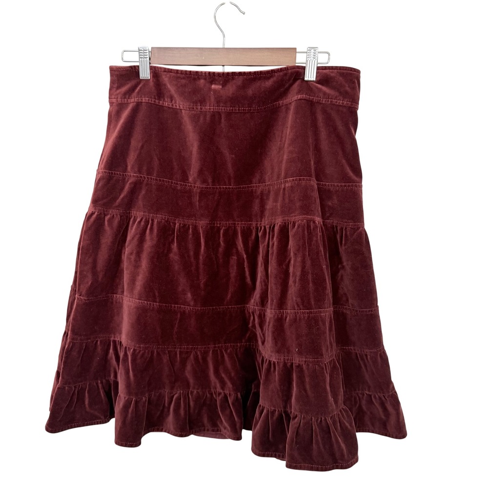 Odille Anthropologie Skirt 12 Burgundy Velvet Tiered Ruffle Knee Length A-Line